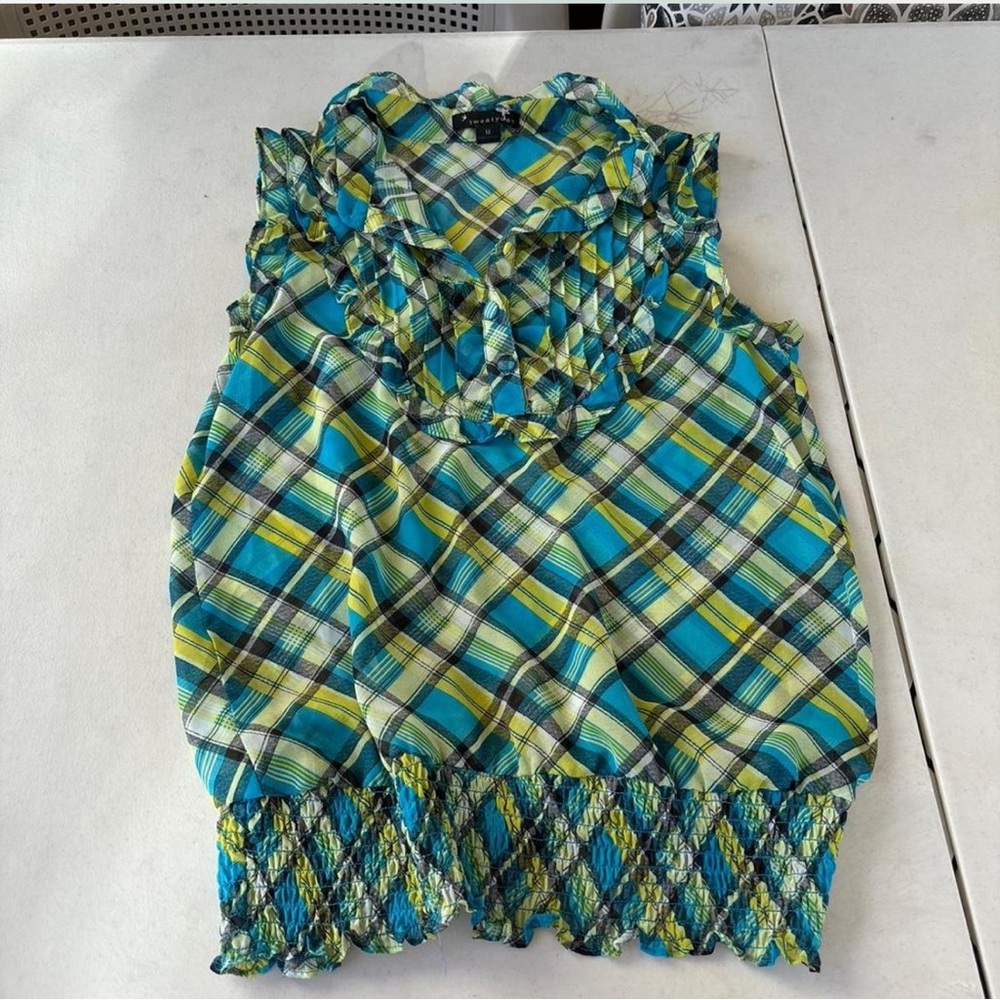 Y2K Forever 21 Blue and Green Plaid Blouse - Picture 2 of 5